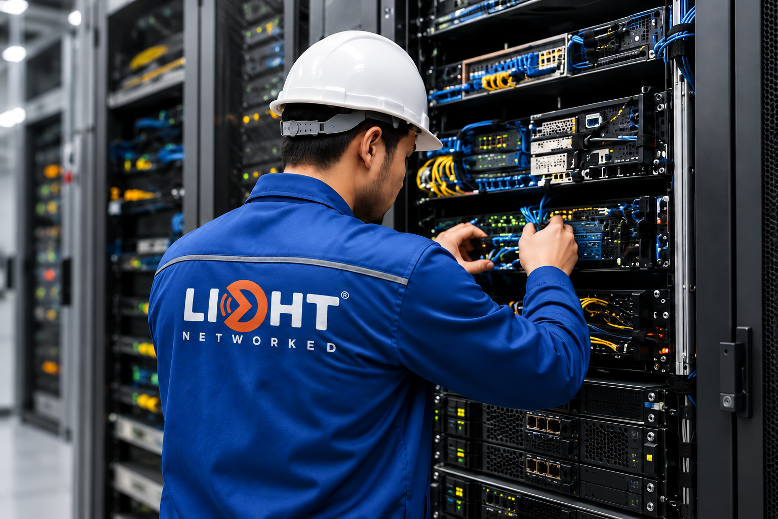 LIOHT engineer wearing a branded blue uniform while working on telecom network equipment