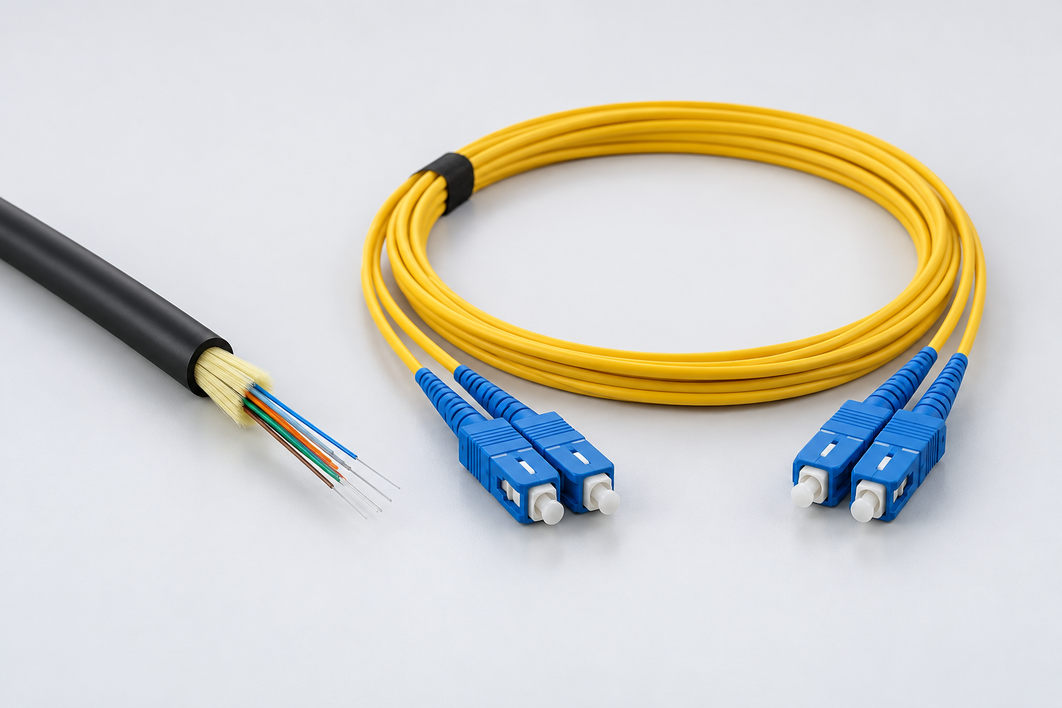 Yellow fiber optic patch cable with blue SC connectors and optical cable cutaway