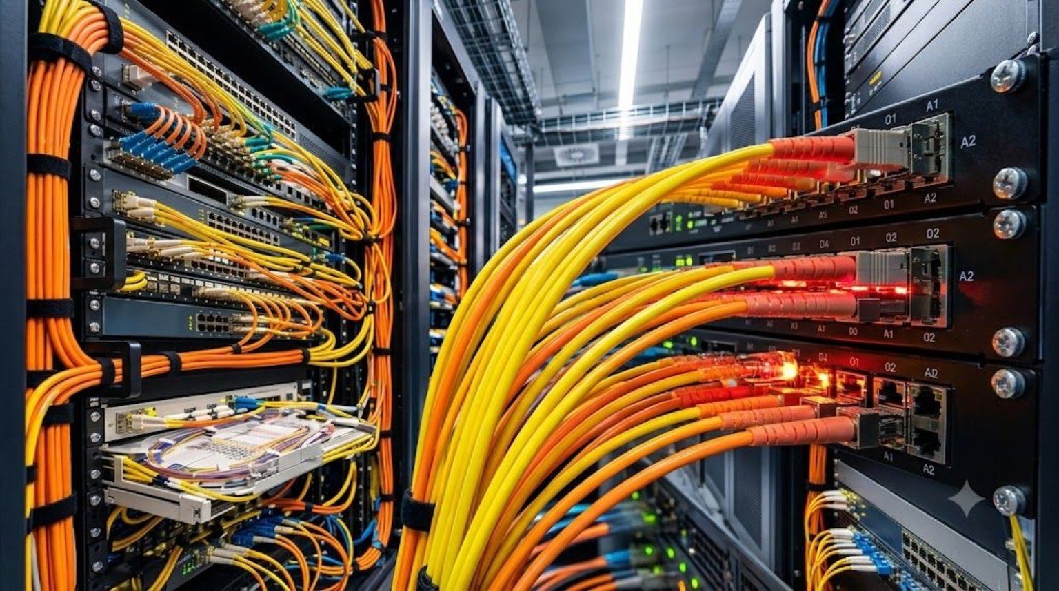Fiber optic connections in a network equipment rack